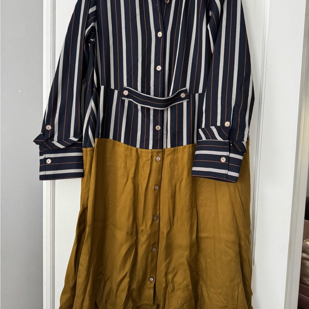 Striped Navy and Mustard Button-Down Dress